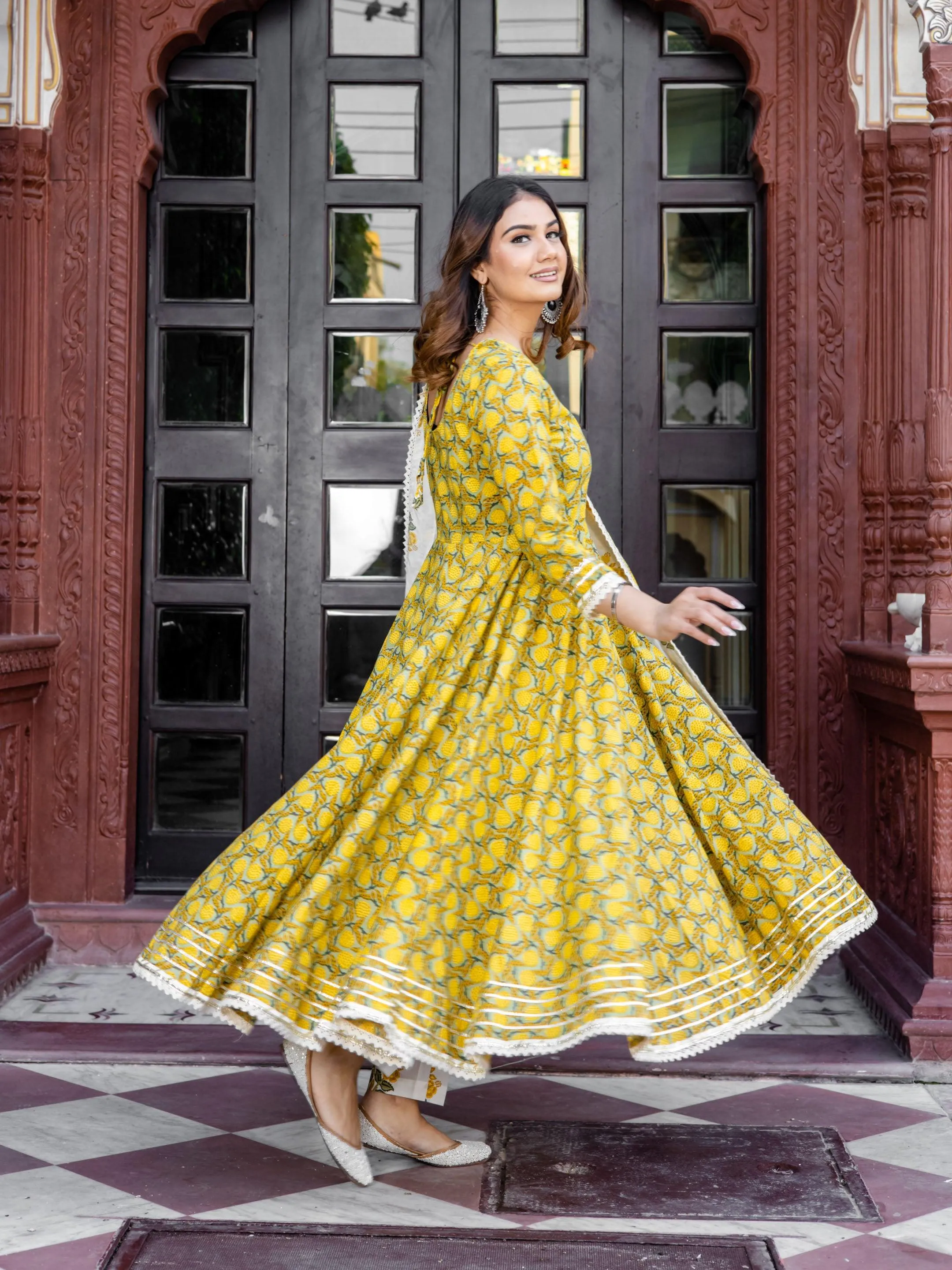 Divena Mustard Cotton Anarkali Kurta Pant Set With Dupatta