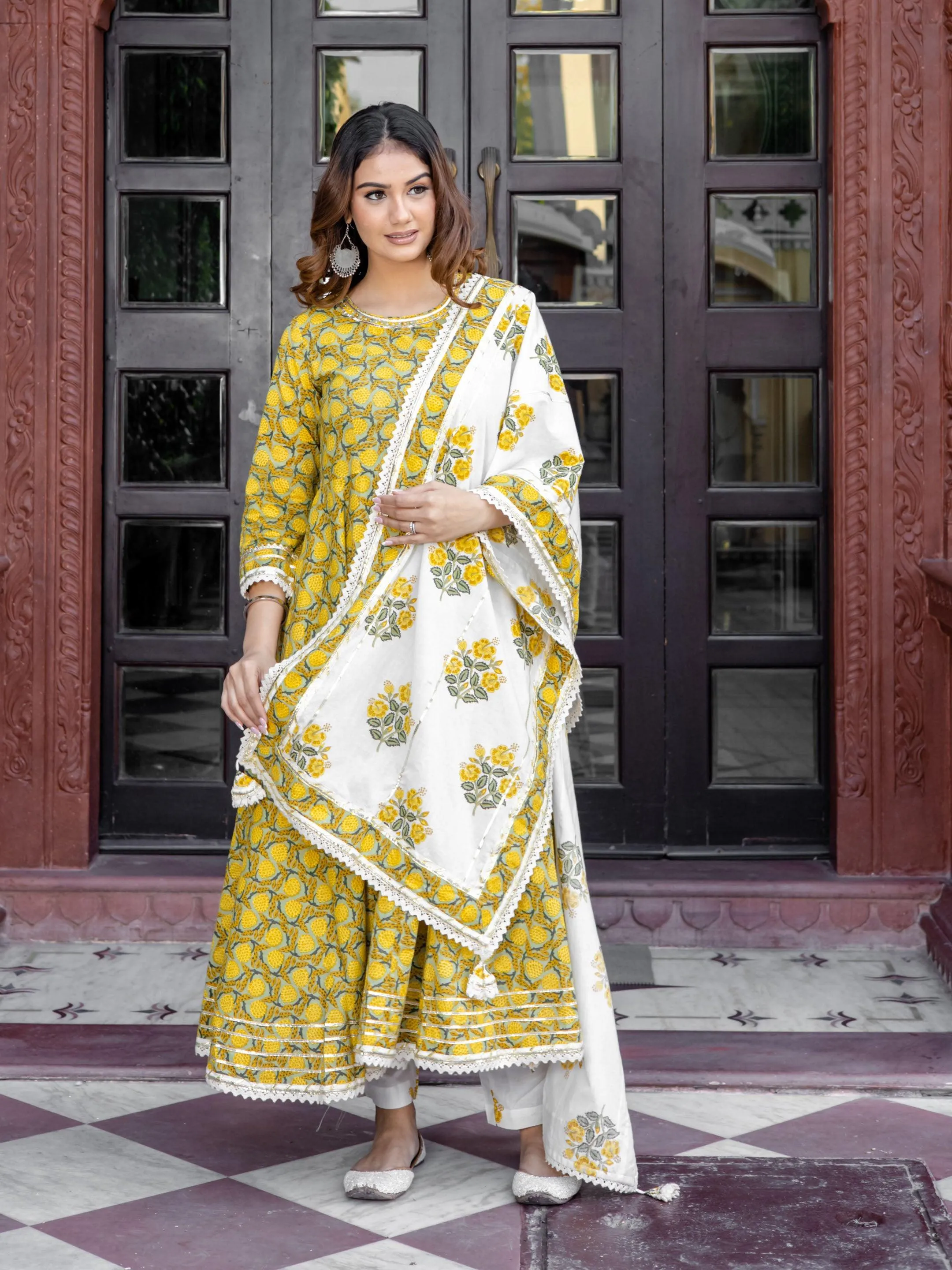 Divena Mustard Cotton Anarkali Kurta Pant Set With Dupatta