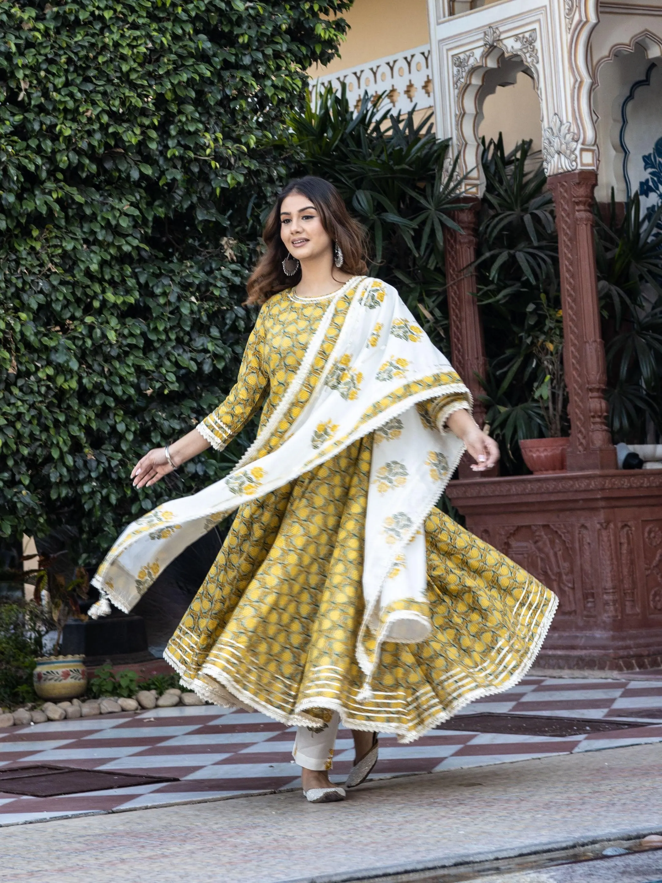 Divena Mustard Cotton Anarkali Kurta Pant Set With Dupatta