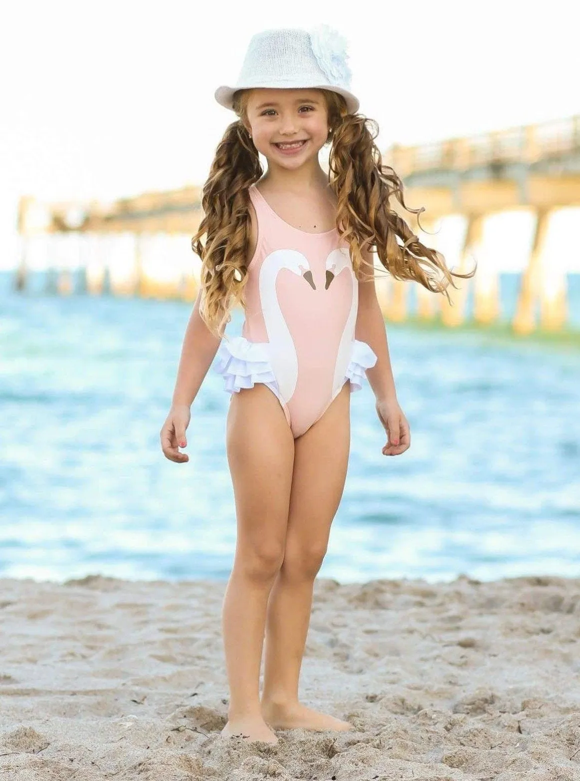 Girls Swan One Piece Swimwear