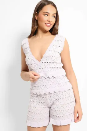 Lilac Perforated Knit Sleeveless Top Shorts Set