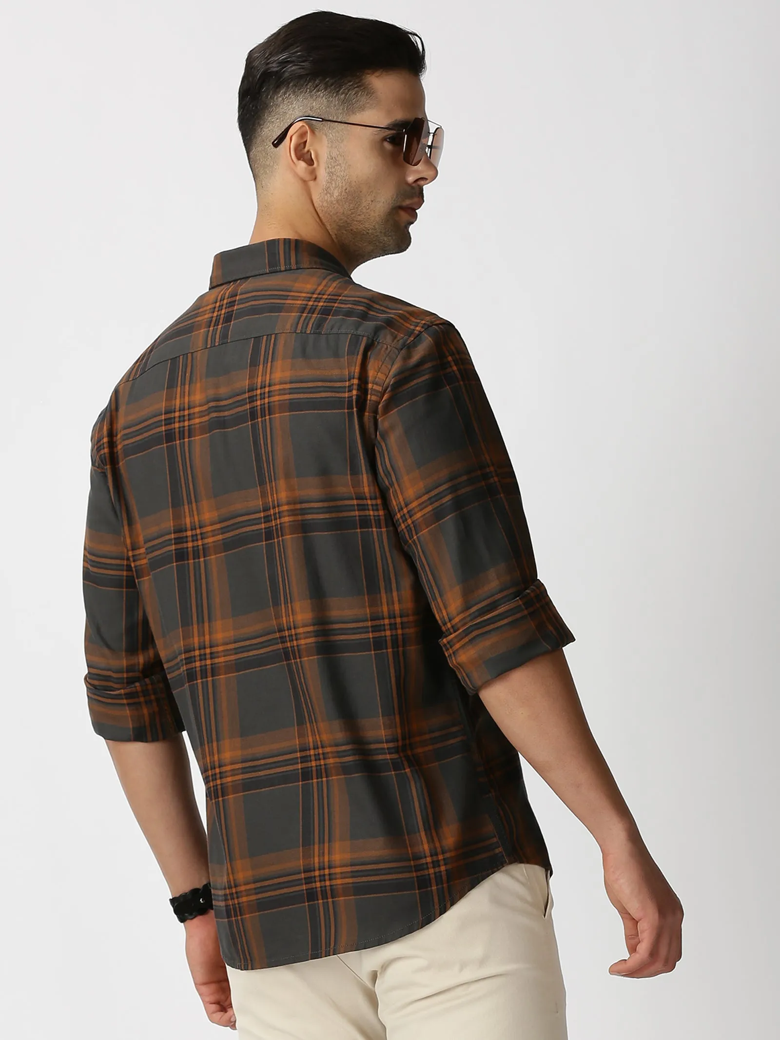 MEN'S BROWN CHECKS SLIM FIT SHIRT