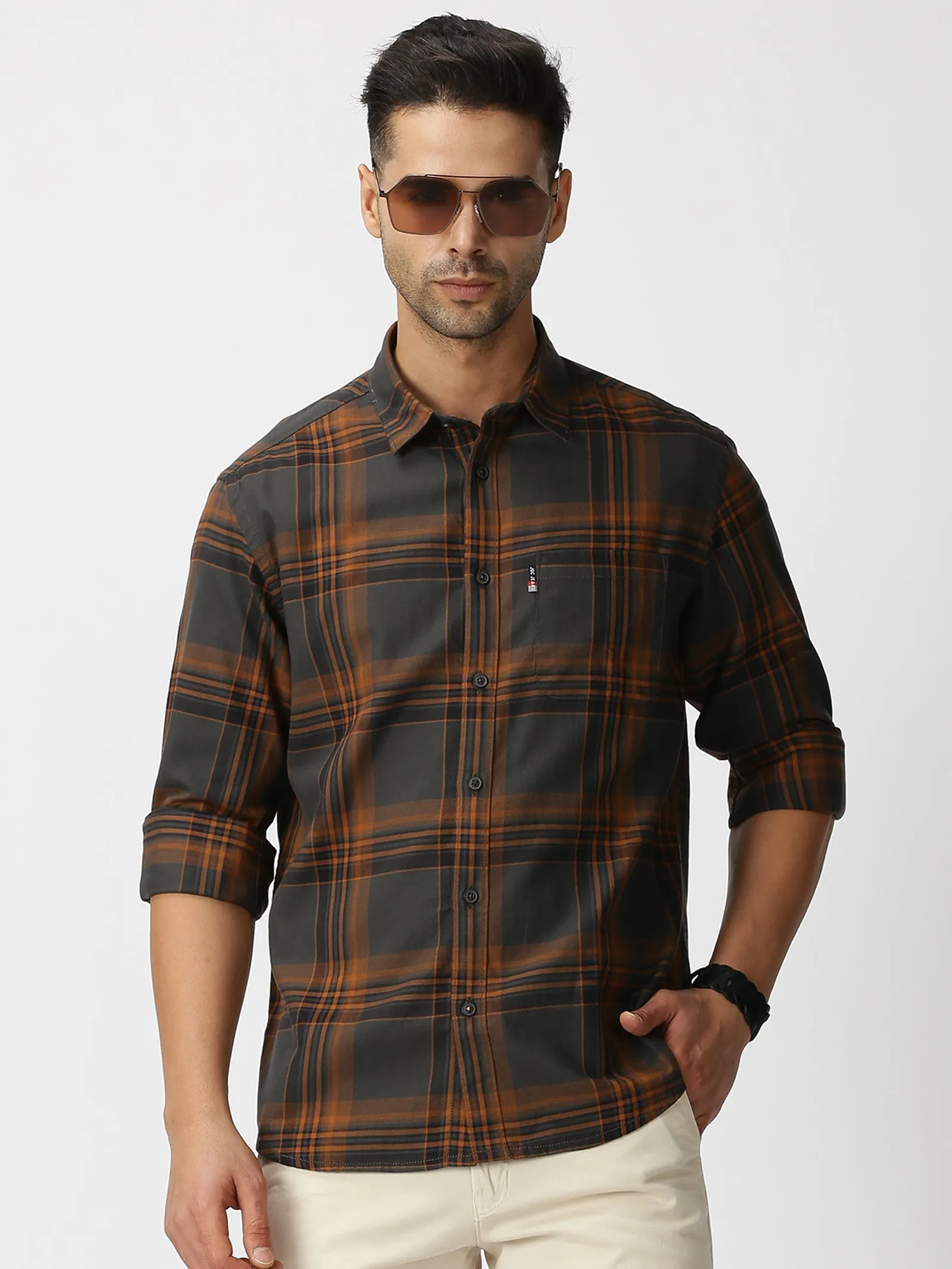 MEN'S BROWN CHECKS SLIM FIT SHIRT