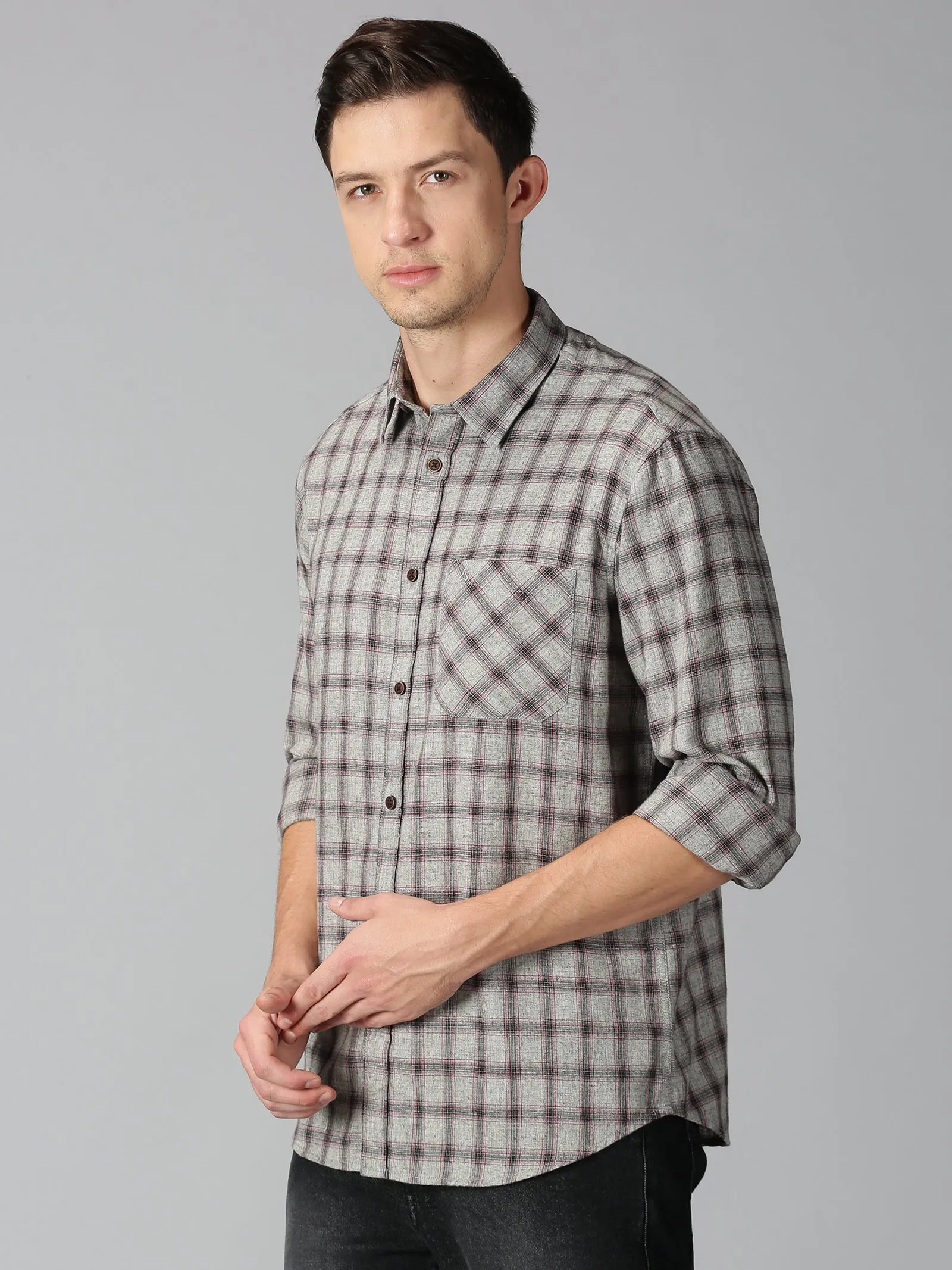 MEN'S BROWN, RED CHECK SLIM FIT SHIRT