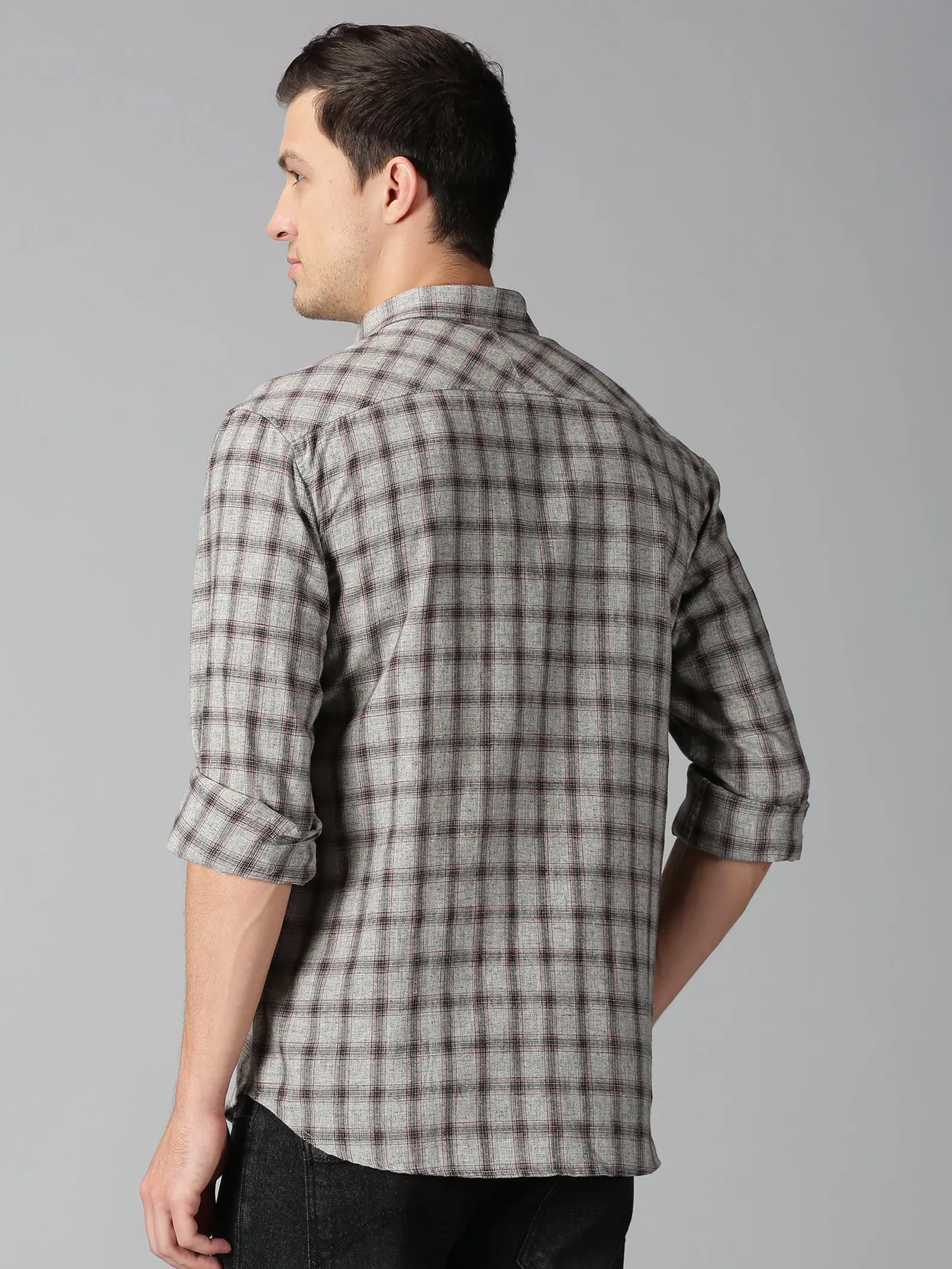 MEN'S BROWN, RED CHECK SLIM FIT SHIRT