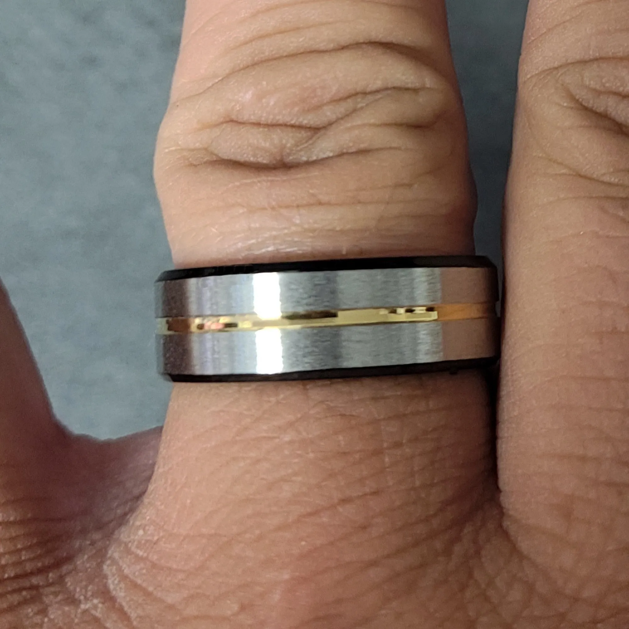 Men's Personalized Silver and Black Promise Ring With Gold Filled Groove