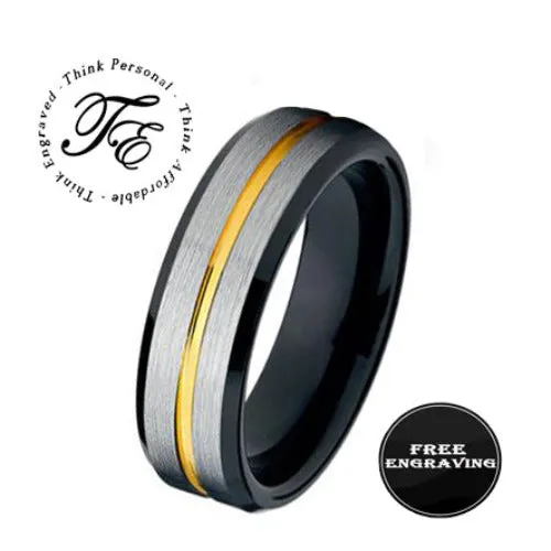 Men's Personalized Silver and Black Promise Ring With Gold Filled Groove