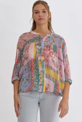 Mixed Print Button Up 3/4 Sleeve Top