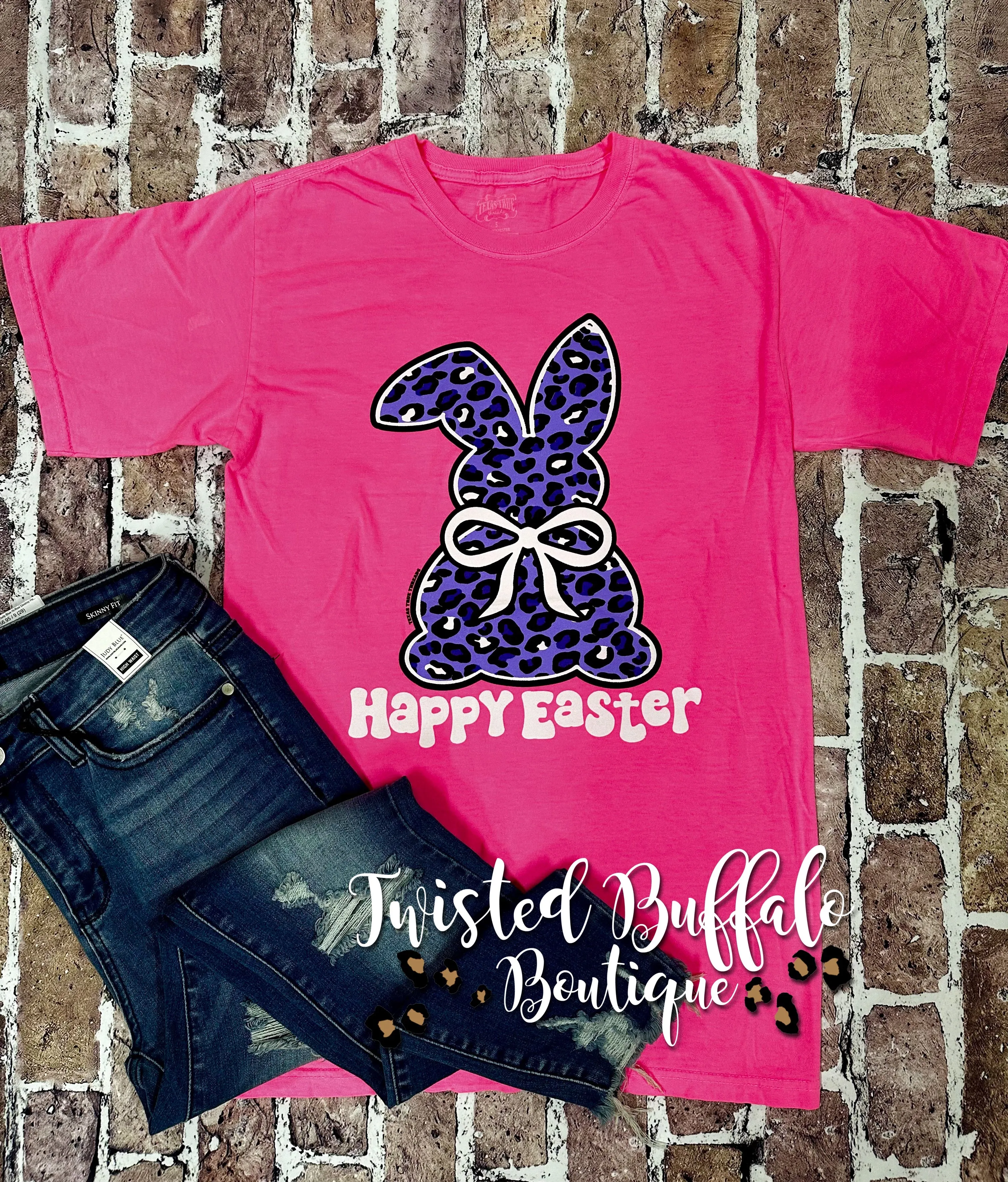 Neon Pink Purple Leopard Bunny {HAPPY EASTER} Crew Neck Tee