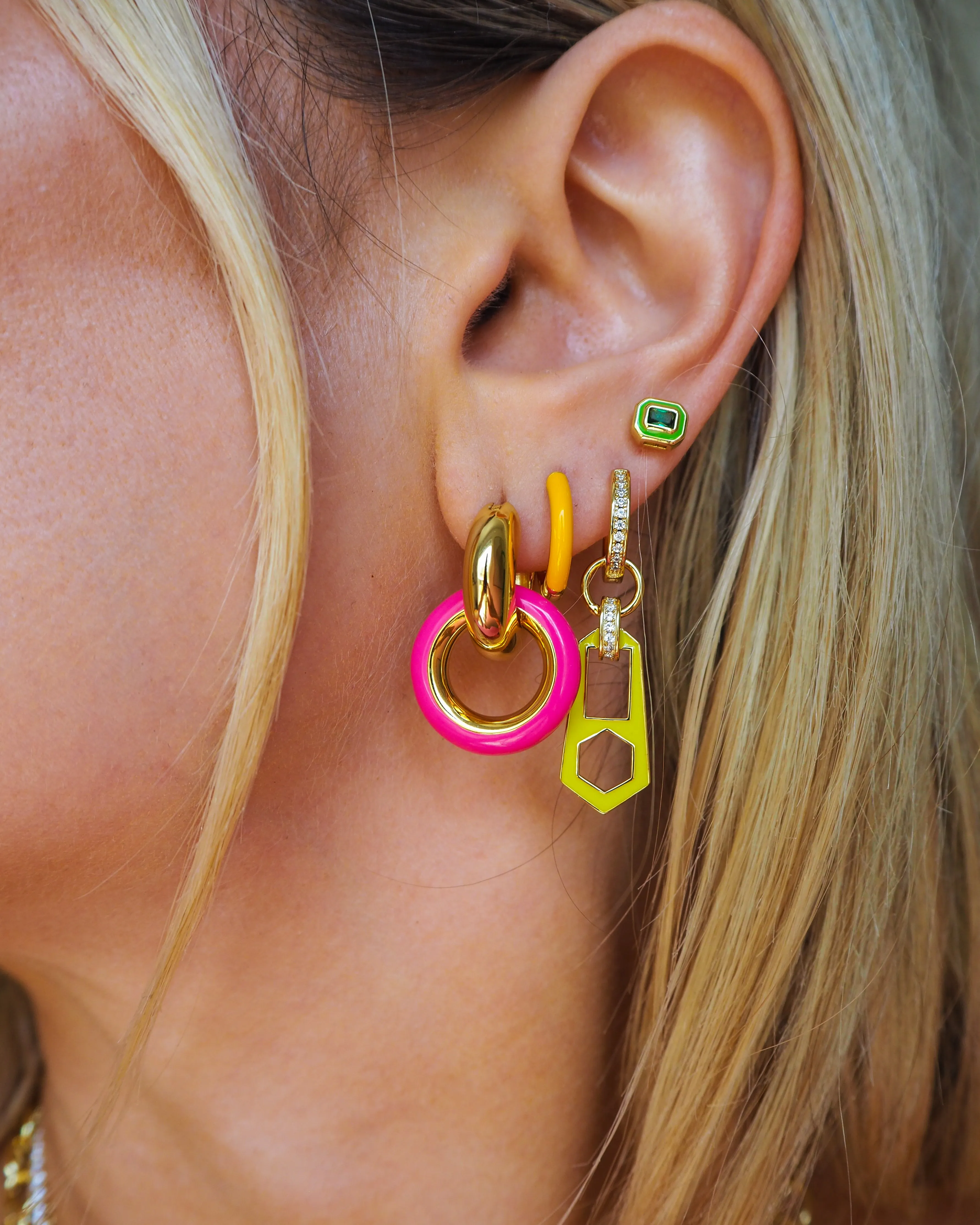 Pave Interlock Hoops- Hot Pink- Gold