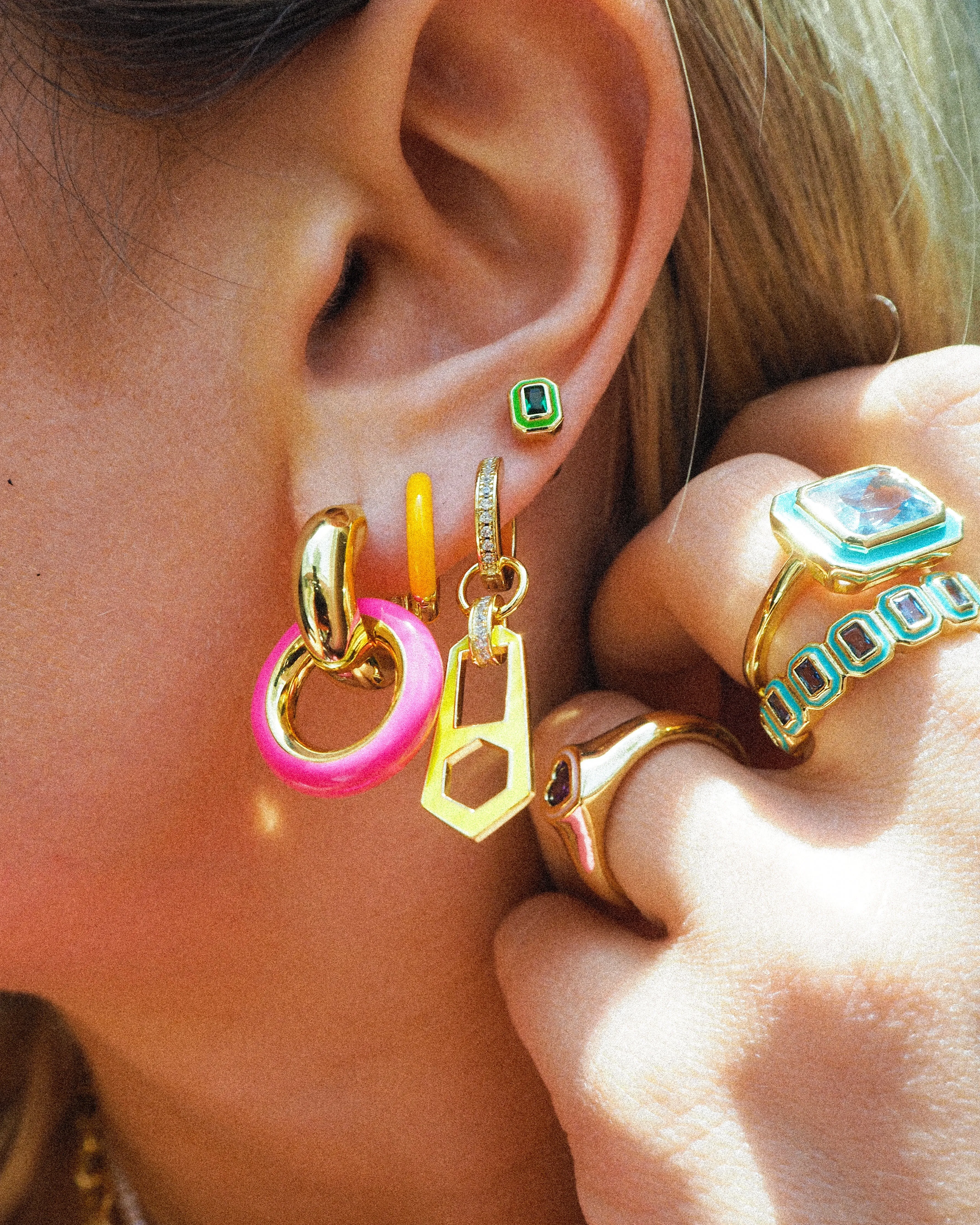 Pave Interlock Hoops- Hot Pink- Gold