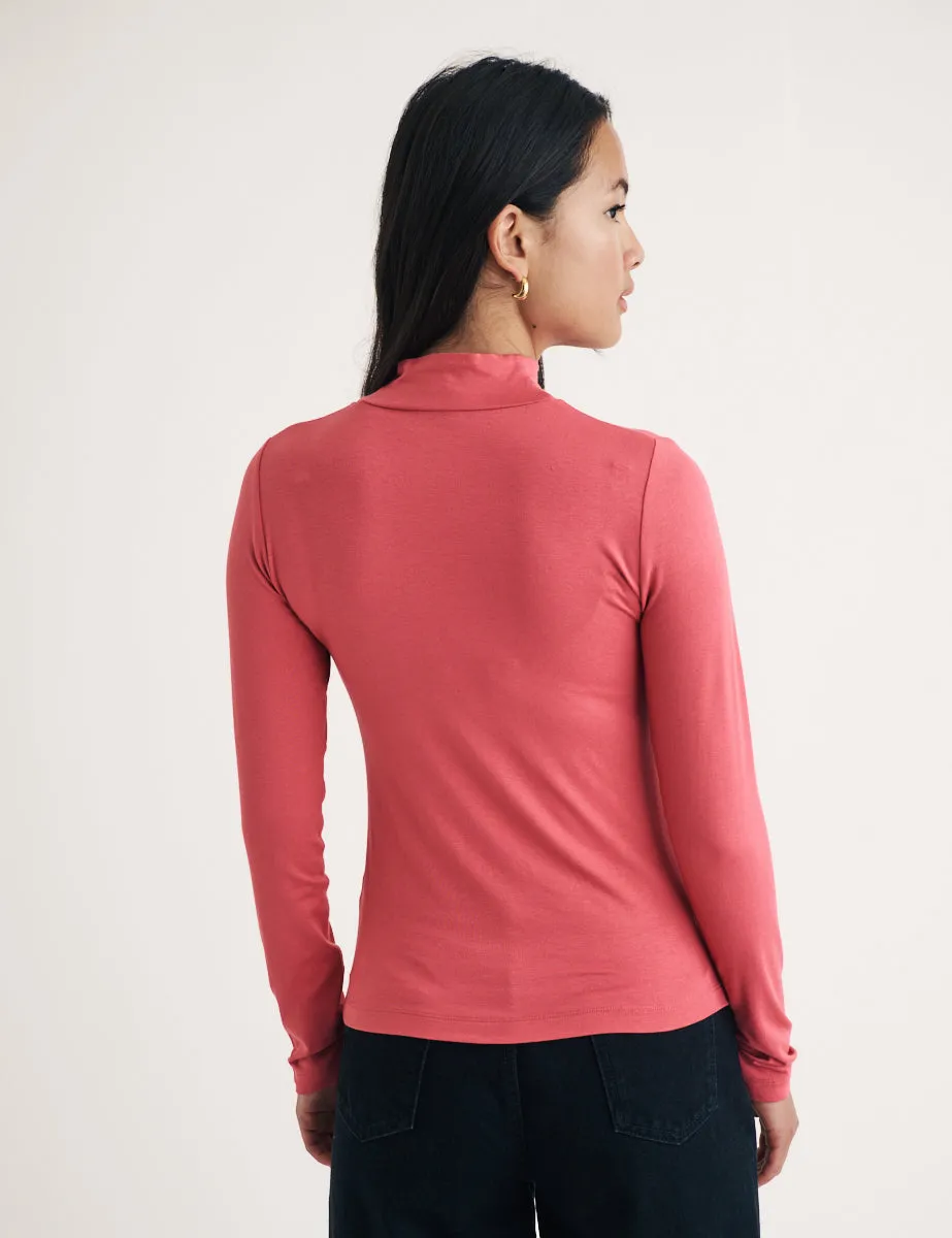 Pink Funnel Neck Long Sleeve Top