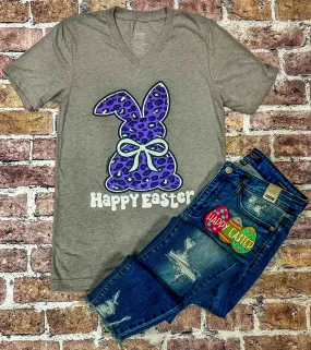 Purple Leopard Bunny {HAPPY EASTER} Athletic Gray V-Neck Tee