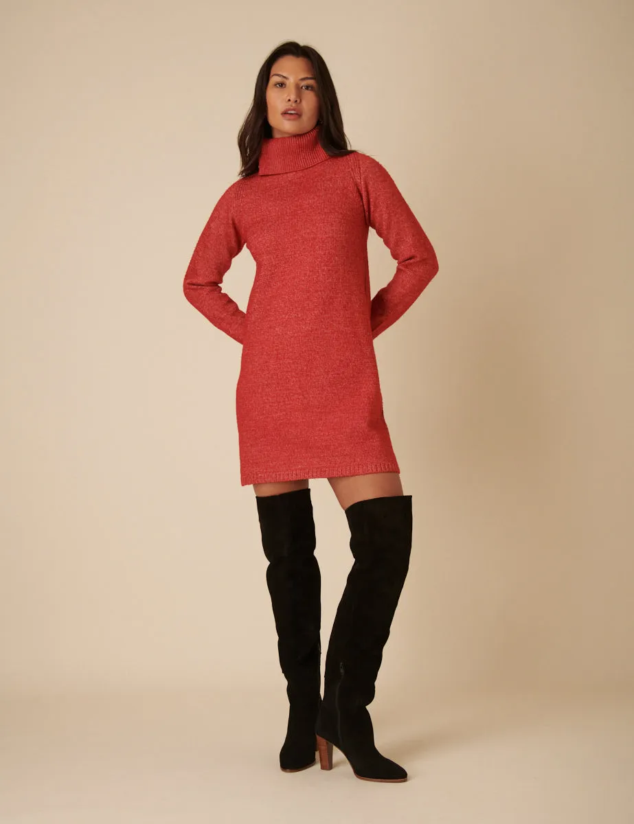 Red Knitted Roll Neck Mini Jumper Dress