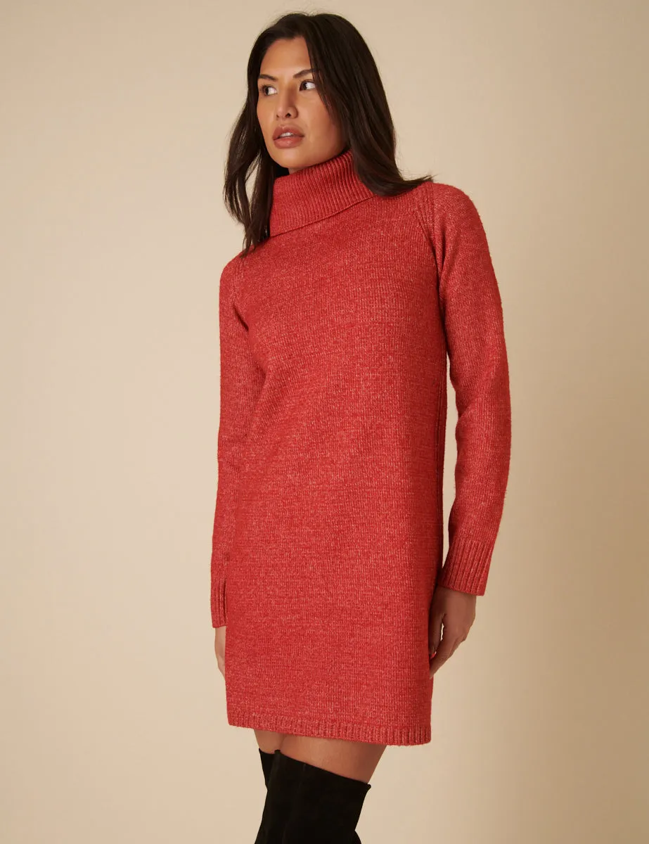 Red Knitted Roll Neck Mini Jumper Dress