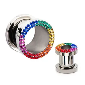 Screw Fit Steel WildKlass Tunnel Plugs with Rainbow CZ Front