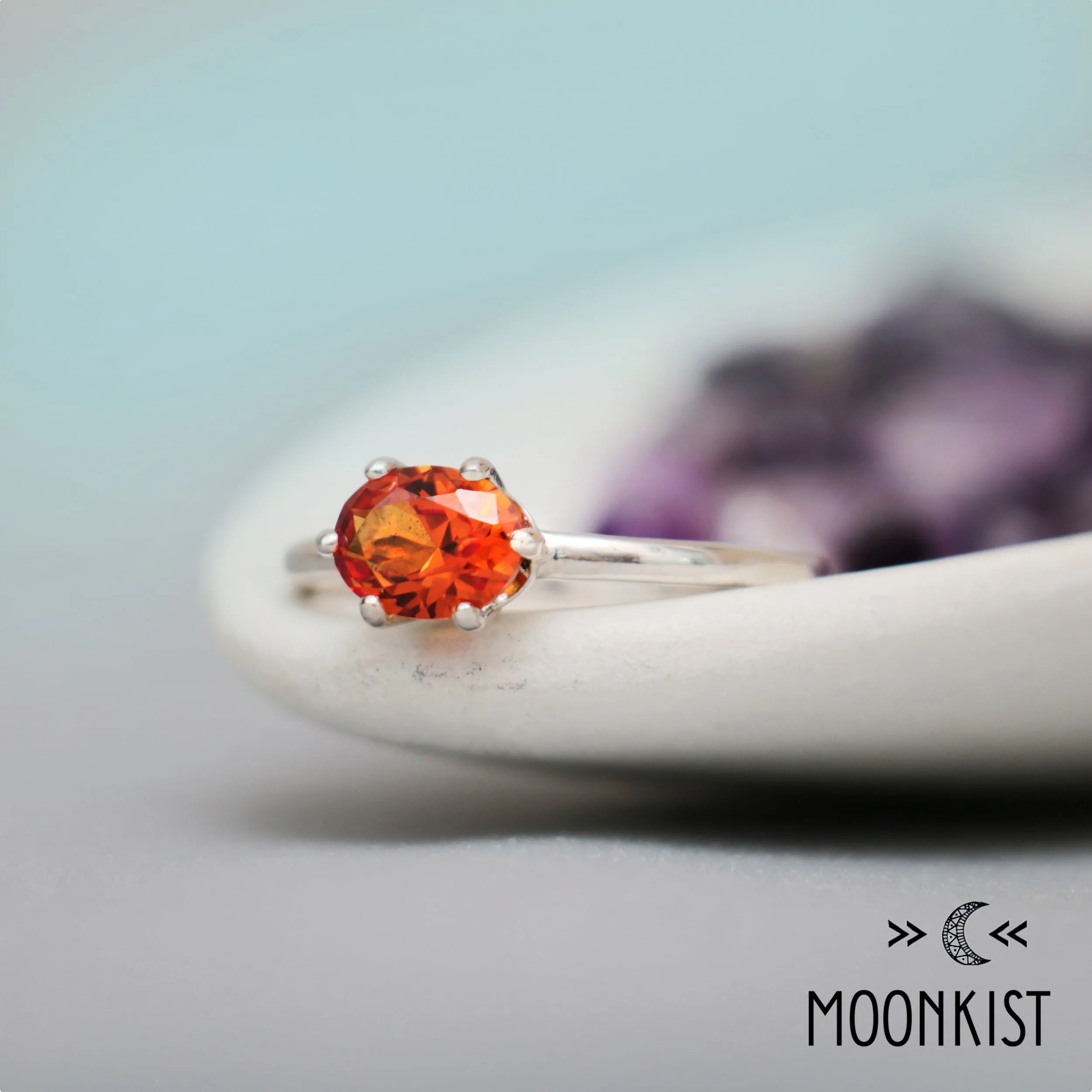 Silver Oval Orange Classic Solitaire Ring | Moonkist Designs