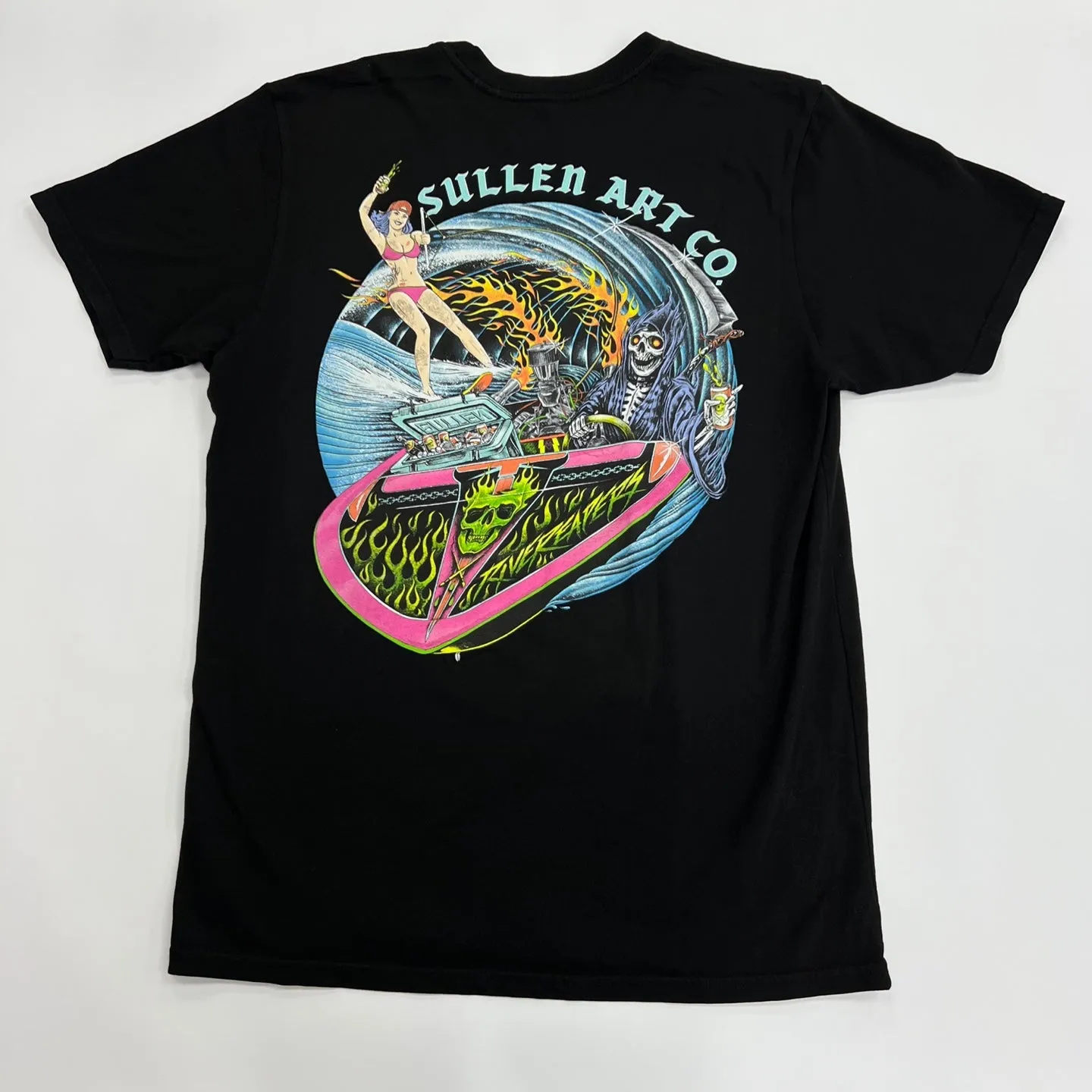 Sullen Art Collective Grim Ripper Death Skeleton Sailing Beach T-Shirt - Black