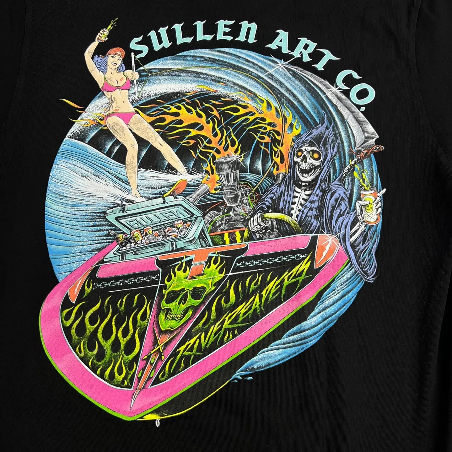 Sullen Art Collective Grim Ripper Death Skeleton Sailing Beach T-Shirt - Black