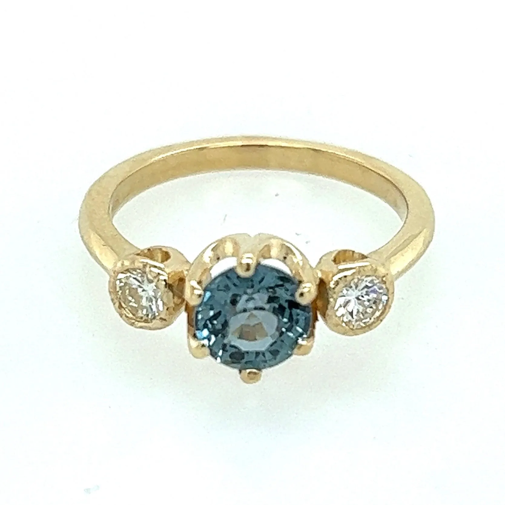 The Queen- Teal sapphire, reclaimed diamonds & 14k Yellow Gold