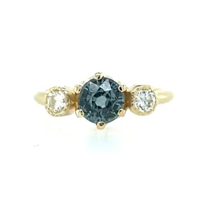 The Queen- Teal sapphire, reclaimed diamonds & 14k Yellow Gold