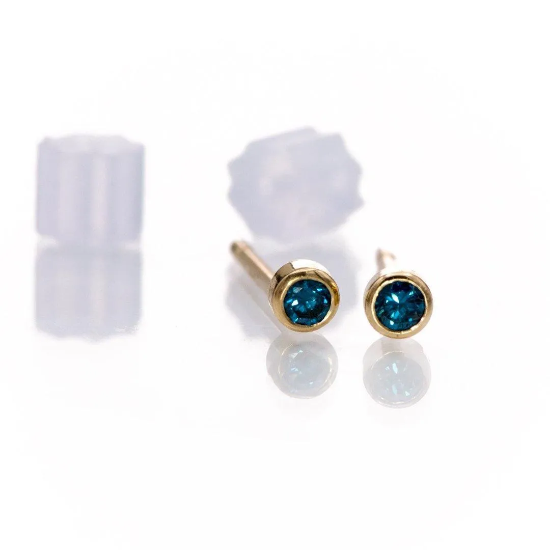 Tiny Teal Blue Diamond Bezel Set 14k Yellow Gold Stud Earrings, Ready to Ship