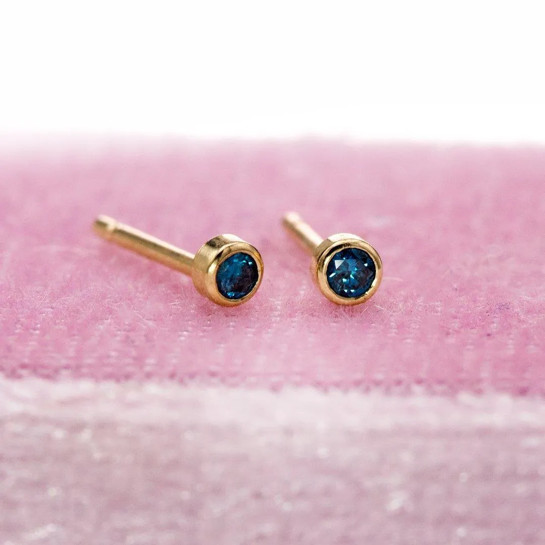 Tiny Teal Blue Diamond Bezel Set 14k Yellow Gold Stud Earrings, Ready to Ship