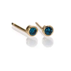 Tiny Teal Blue Diamond Bezel Set 14k Yellow Gold Stud Earrings, Ready to Ship