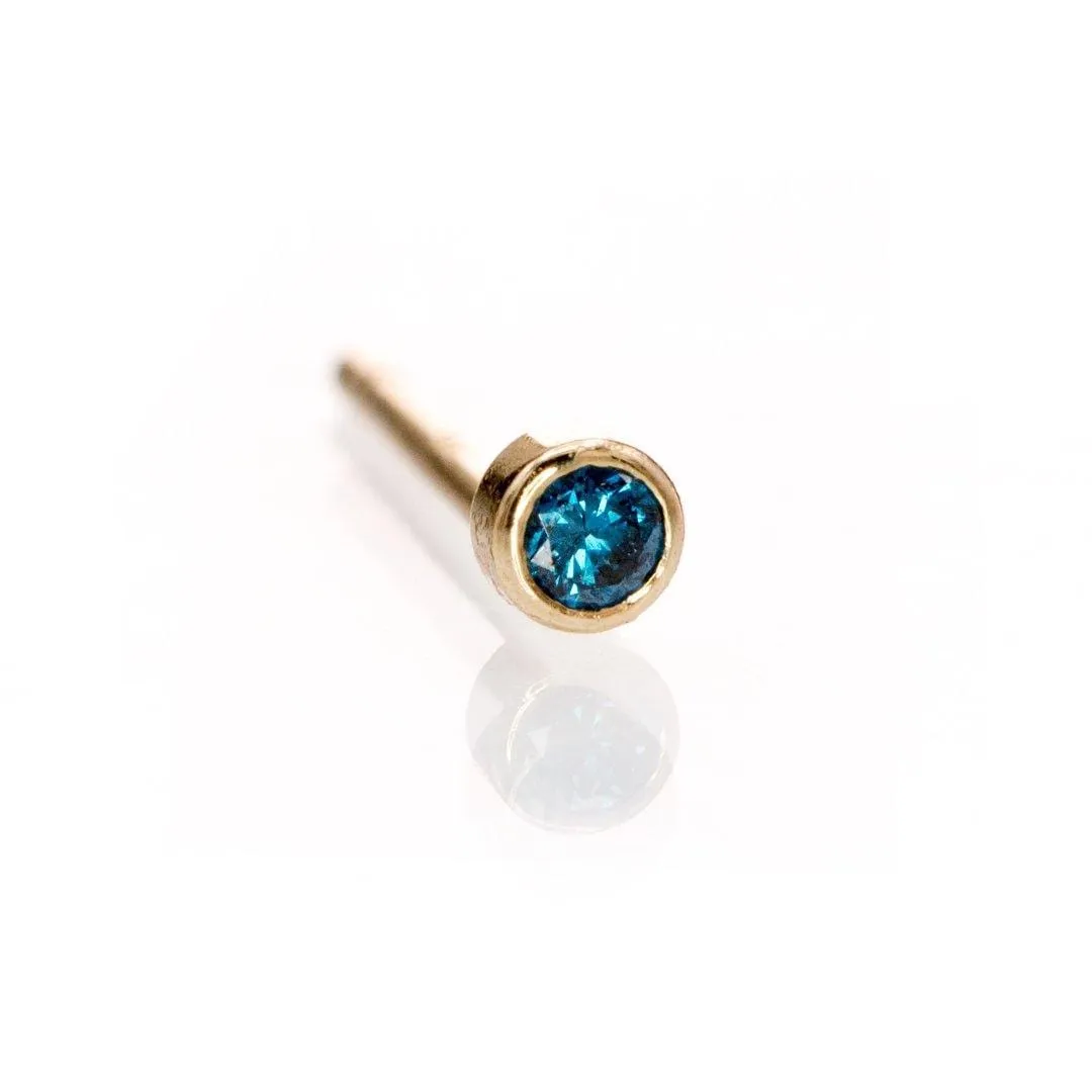 Tiny Teal Blue Diamond Bezel Set 14k Yellow Gold Stud Earrings, Ready to Ship