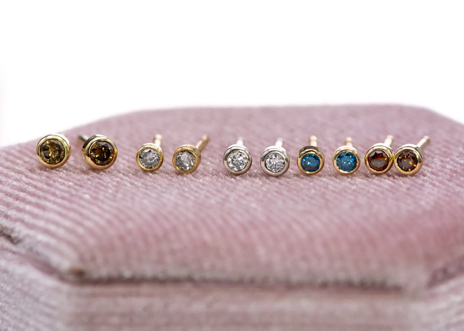 Tiny Teal Blue Diamond Bezel Set 14k Yellow Gold Stud Earrings, Ready to Ship