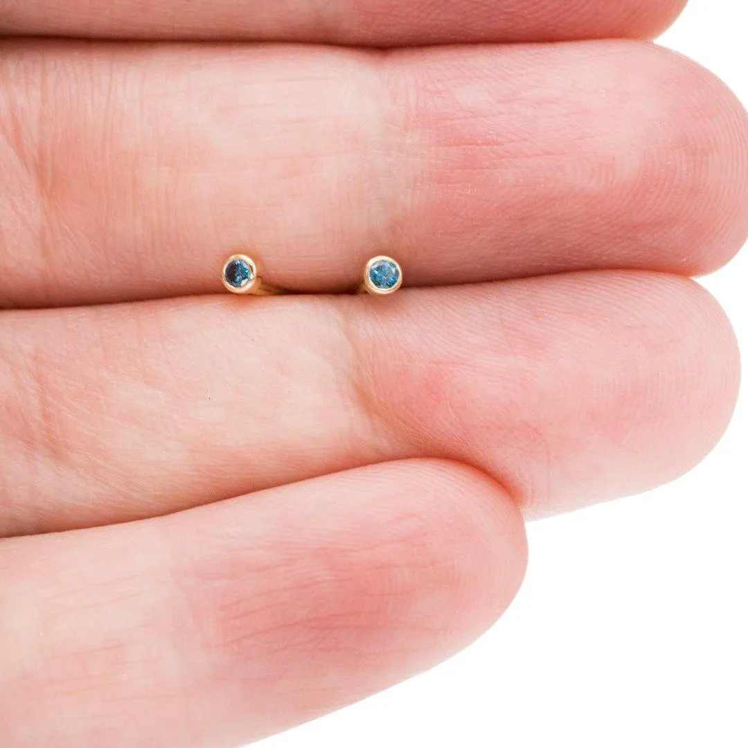 Tiny Teal Blue Diamond Bezel Set 14k Yellow Gold Stud Earrings, Ready to Ship