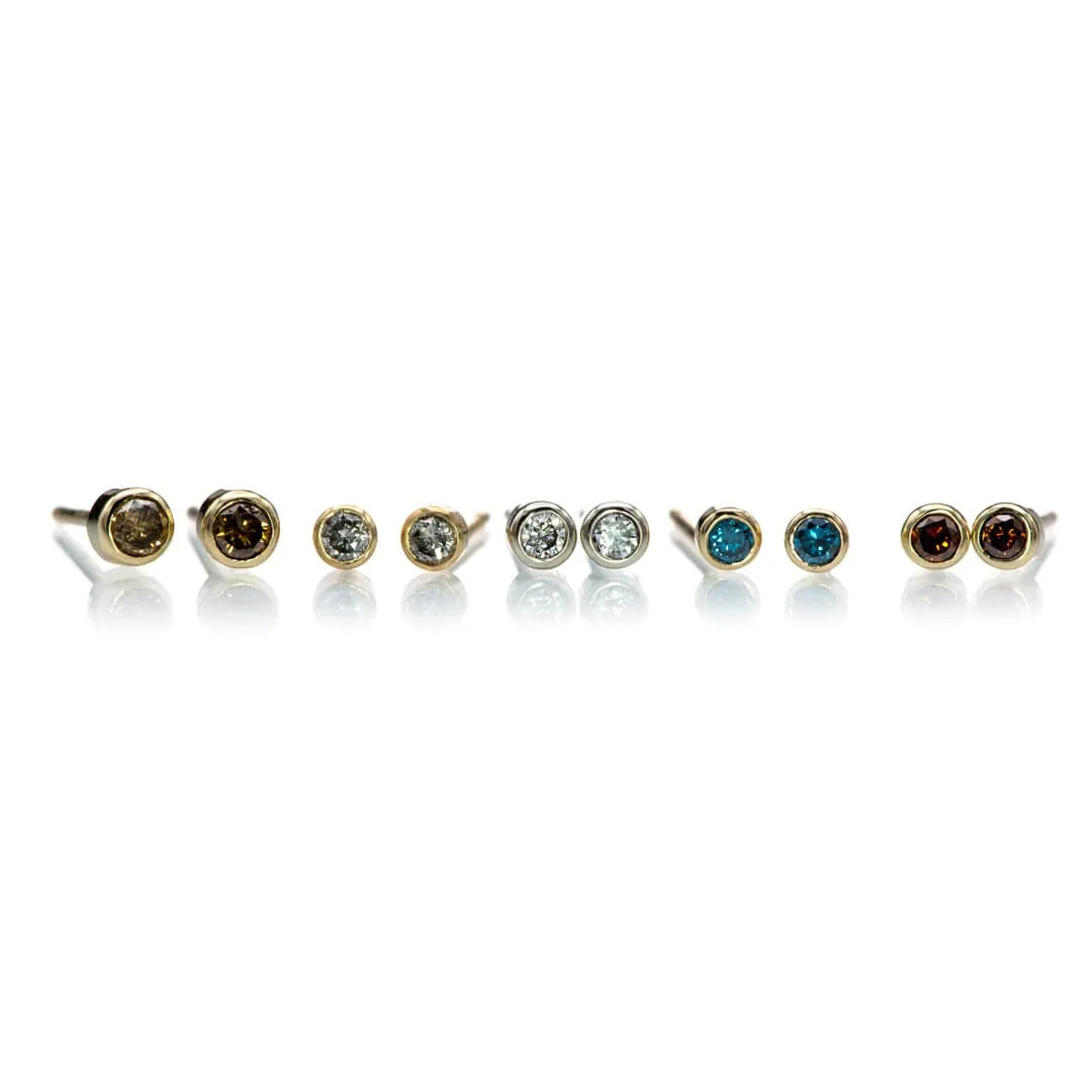 Tiny Teal Blue Diamond Bezel Set 14k Yellow Gold Stud Earrings, Ready to Ship