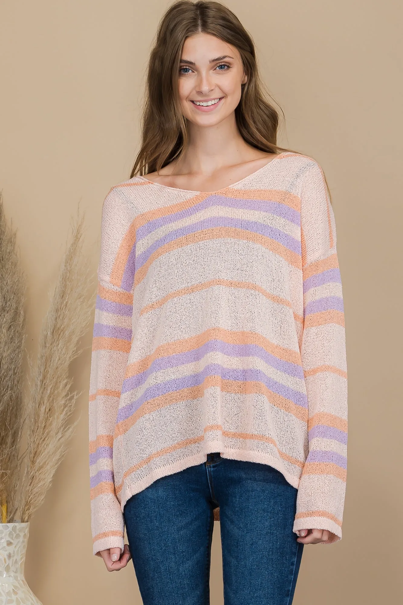 Tropical Pink Sunset Stripe Multi Color Pullover Knit Sweater