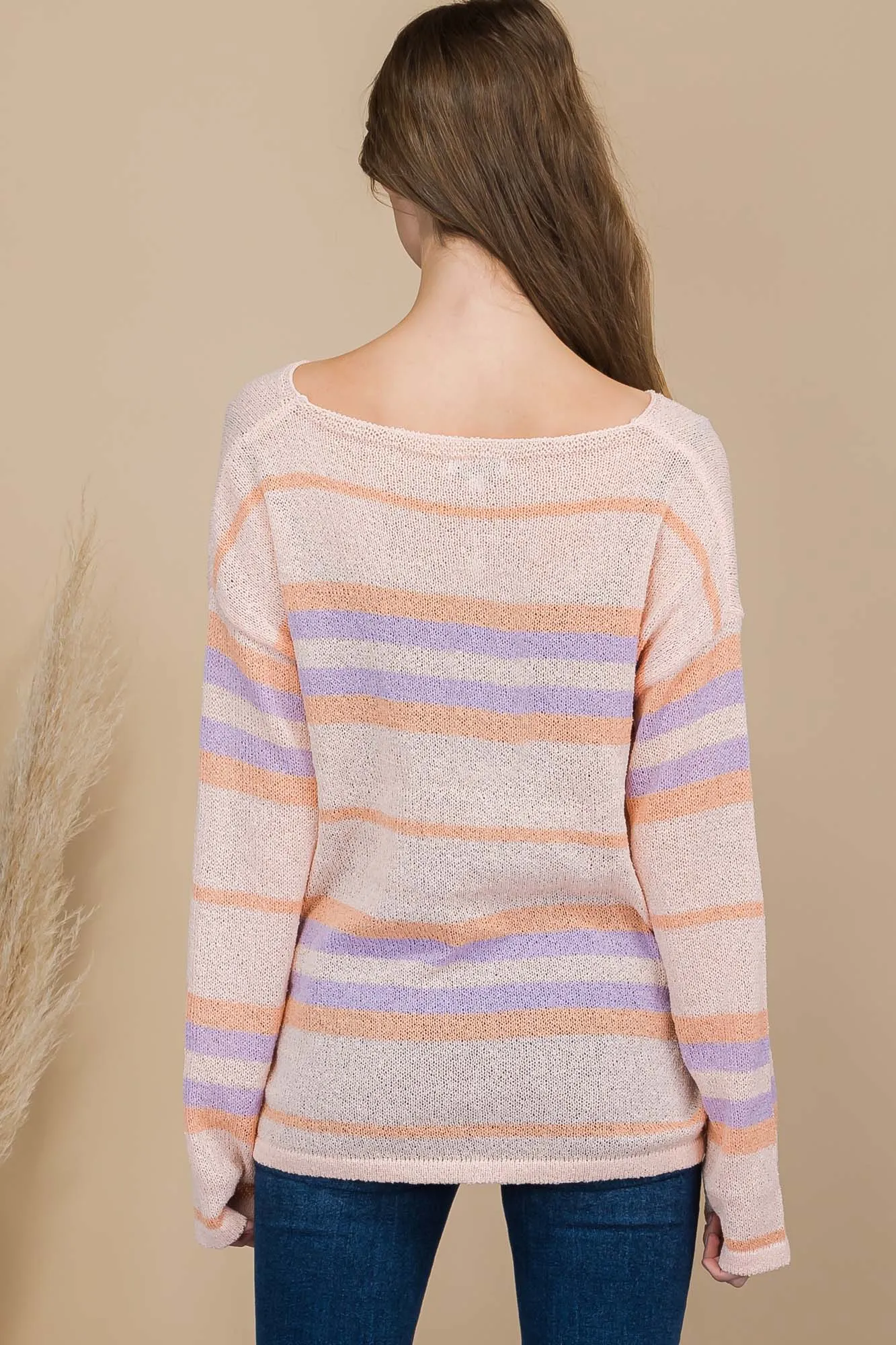 Tropical Pink Sunset Stripe Multi Color Pullover Knit Sweater