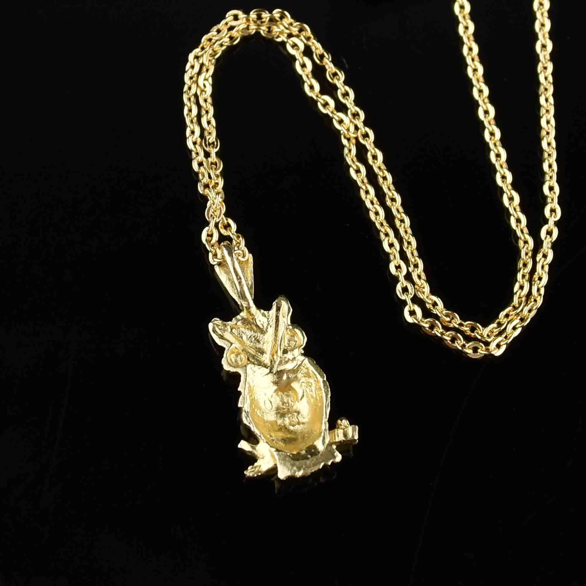 Vintage Carved 14K Gold Owl Pendant Necklace