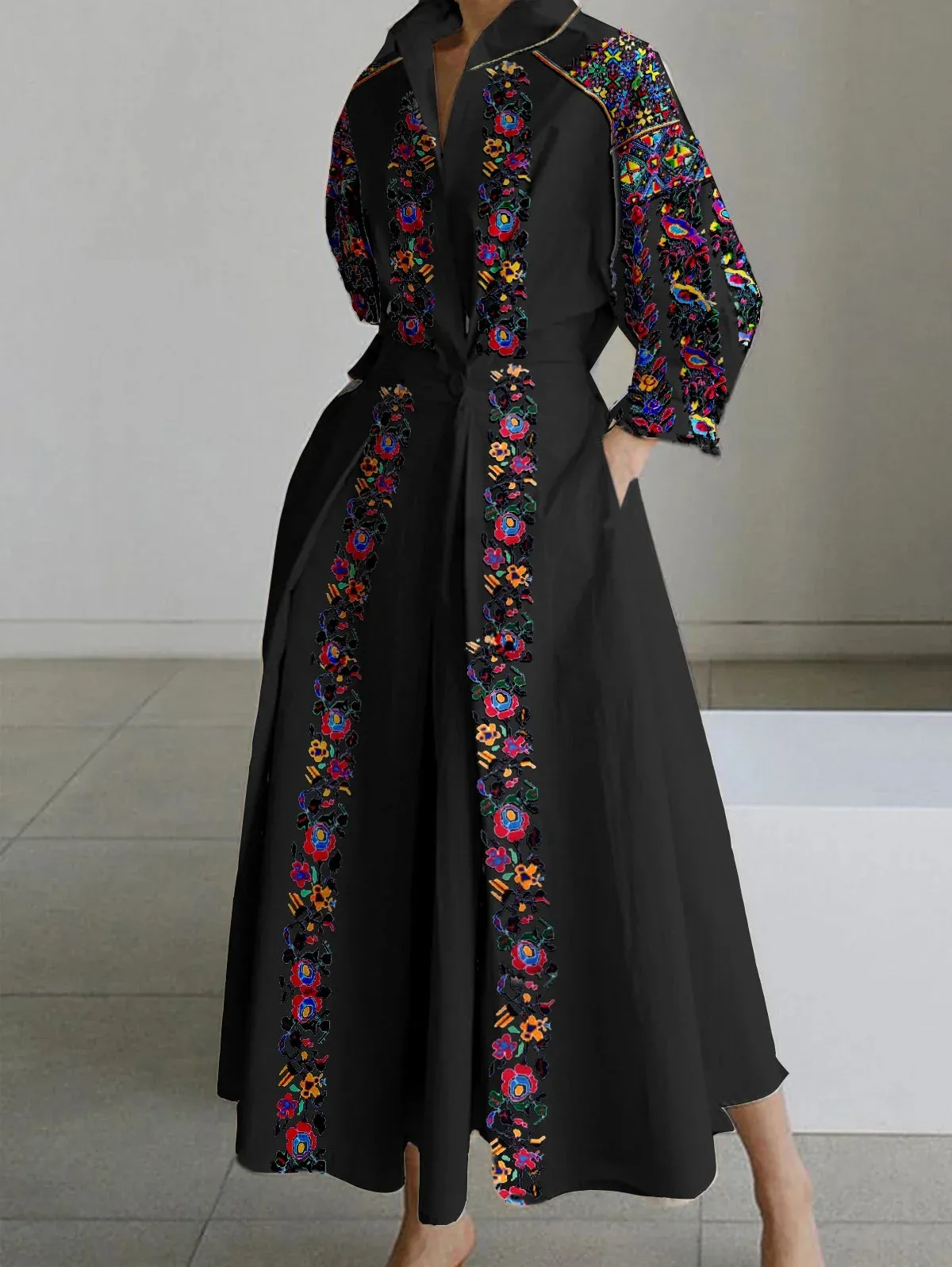 Women Shirt Dress Vintage Elegant A-Line Pleated Autumn Casual Lapel Collar Office Lady Female Floral Oil Paint Belt Midi Dress