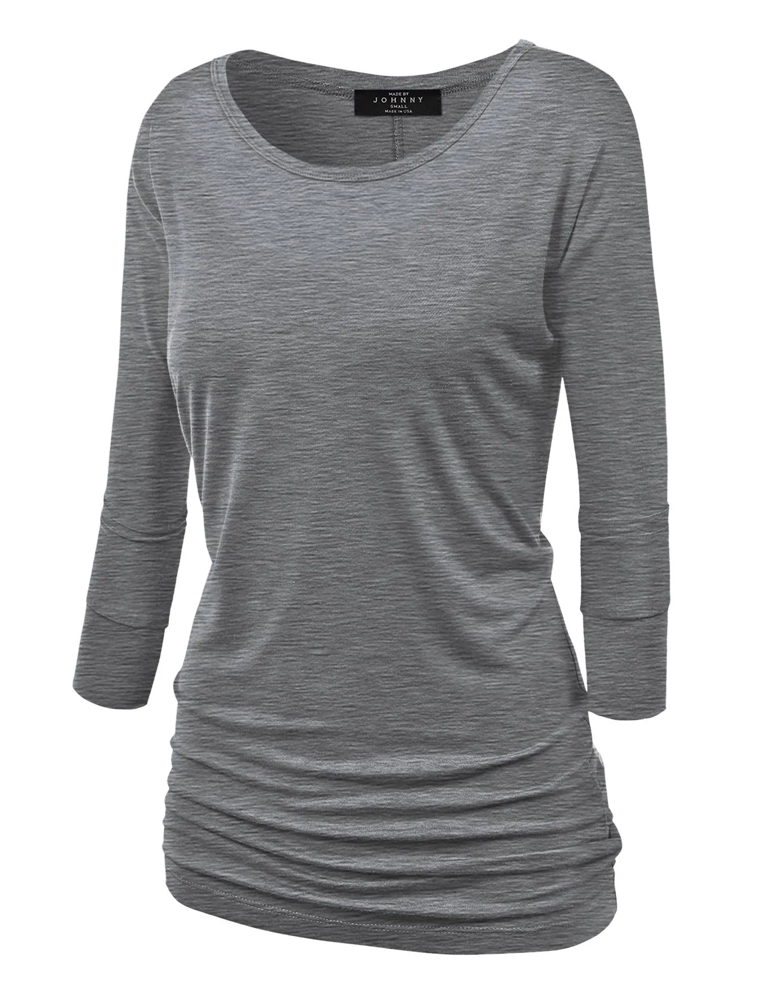 Women's Crew Neck 3/4 Sleeve Drape Dolman Top with Side Shirring