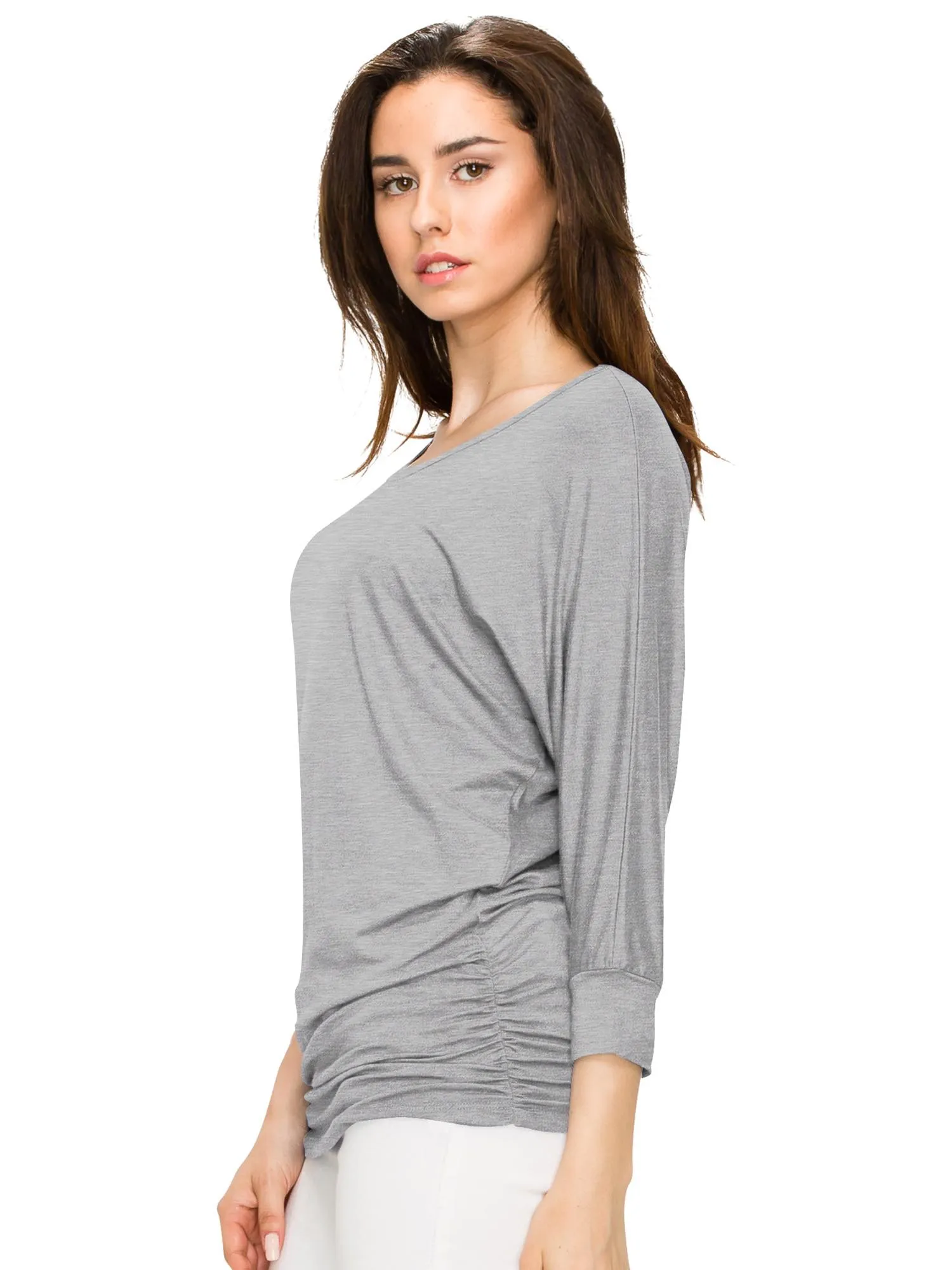 Women's Crew Neck 3/4 Sleeve Drape Dolman Top with Side Shirring