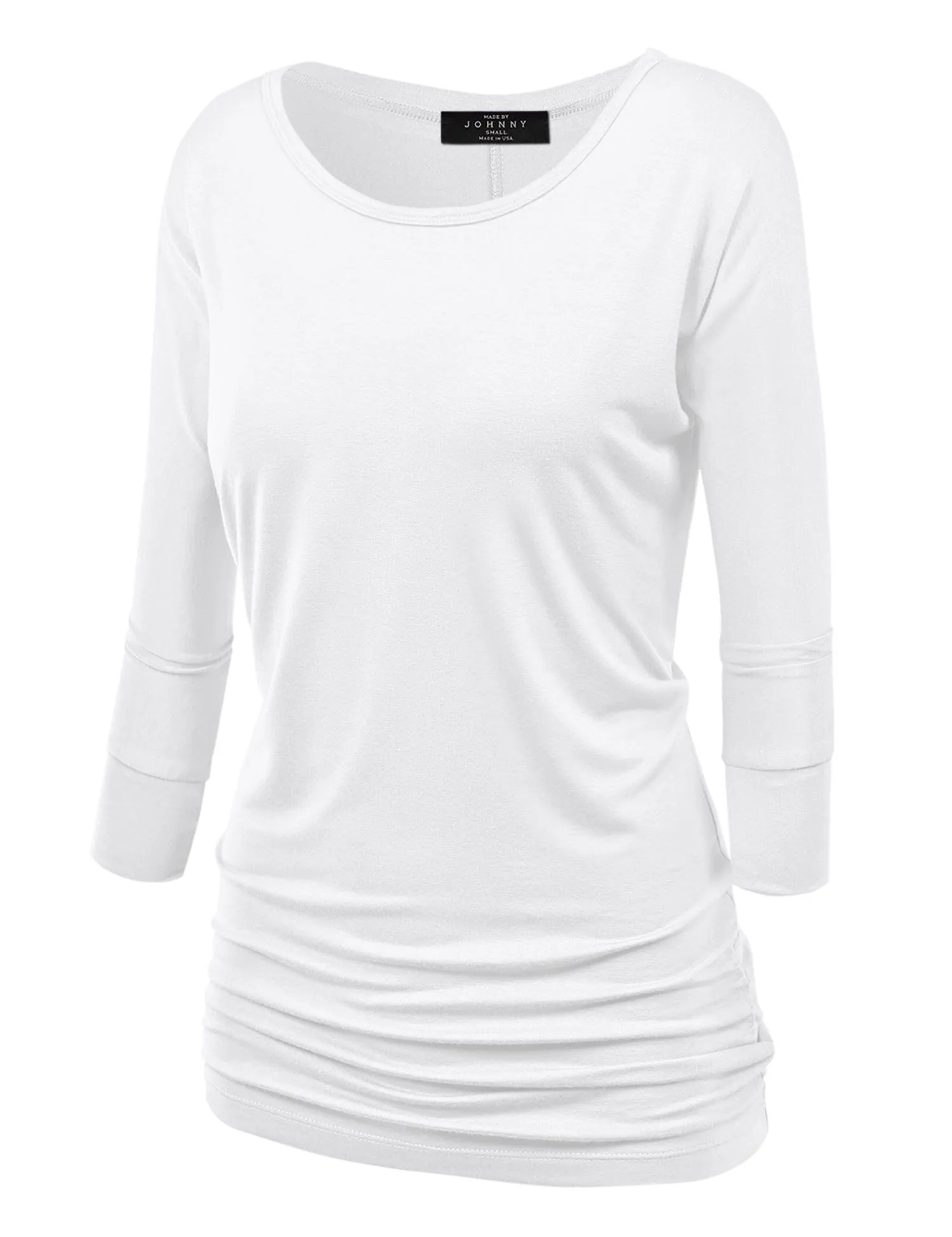 Women's Crew Neck 3/4 Sleeve Drape Dolman Top with Side Shirring