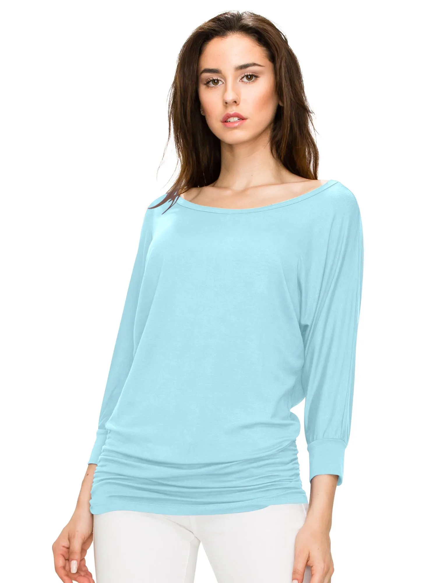 Women's Crew Neck 3/4 Sleeve Drape Dolman Top with Side Shirring