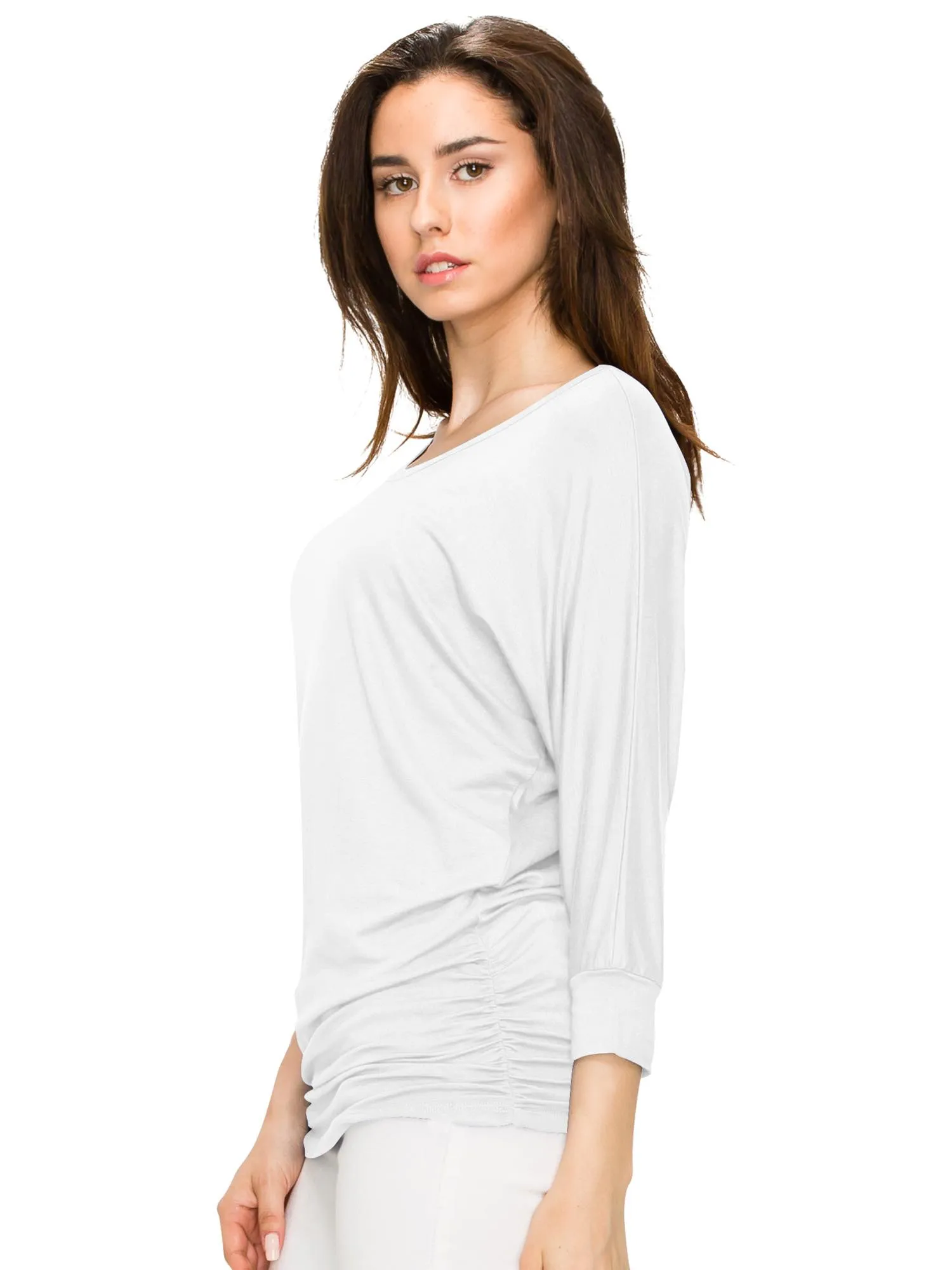 Women's Crew Neck 3/4 Sleeve Drape Dolman Top with Side Shirring