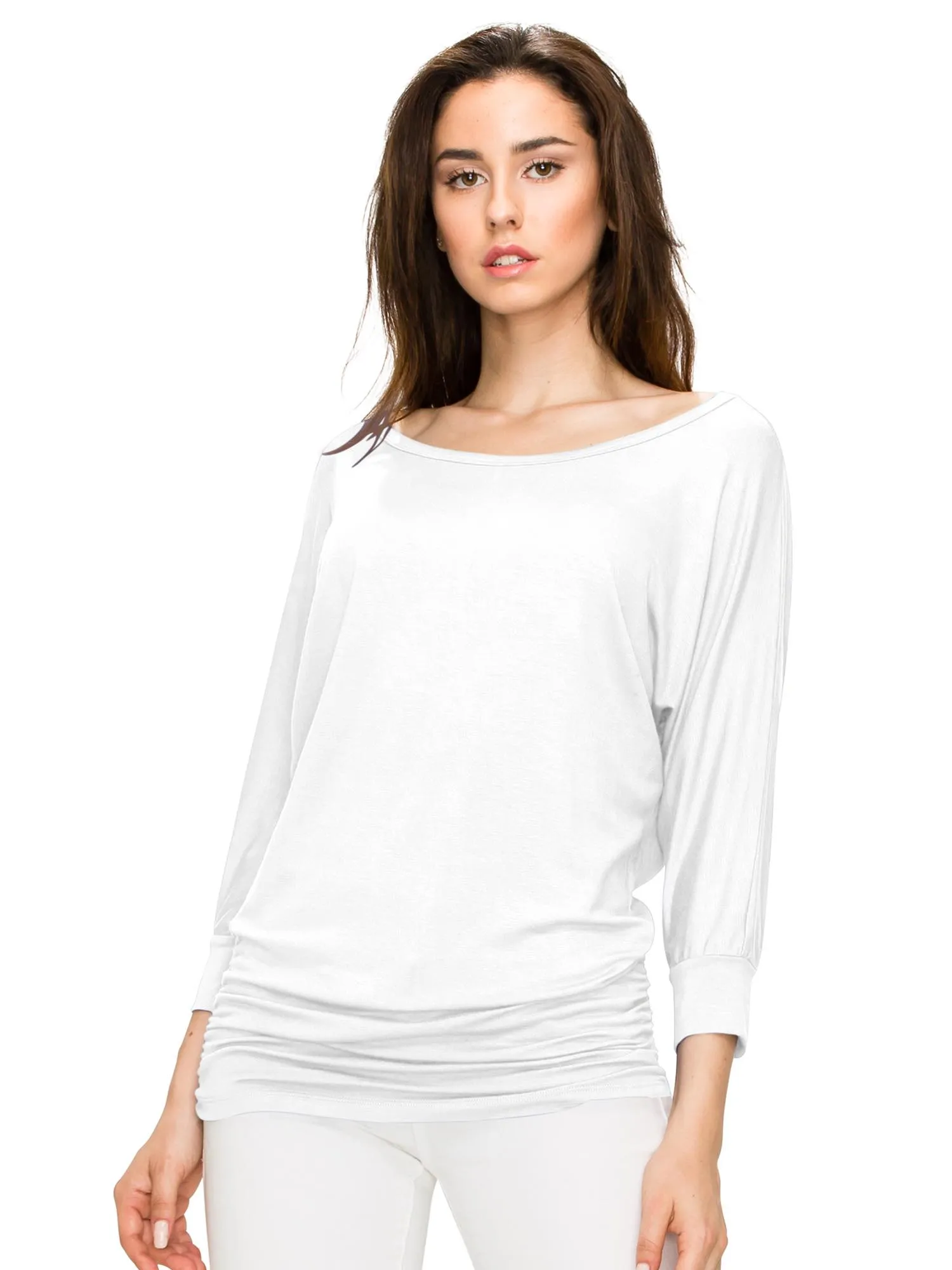 Women's Crew Neck 3/4 Sleeve Drape Dolman Top with Side Shirring