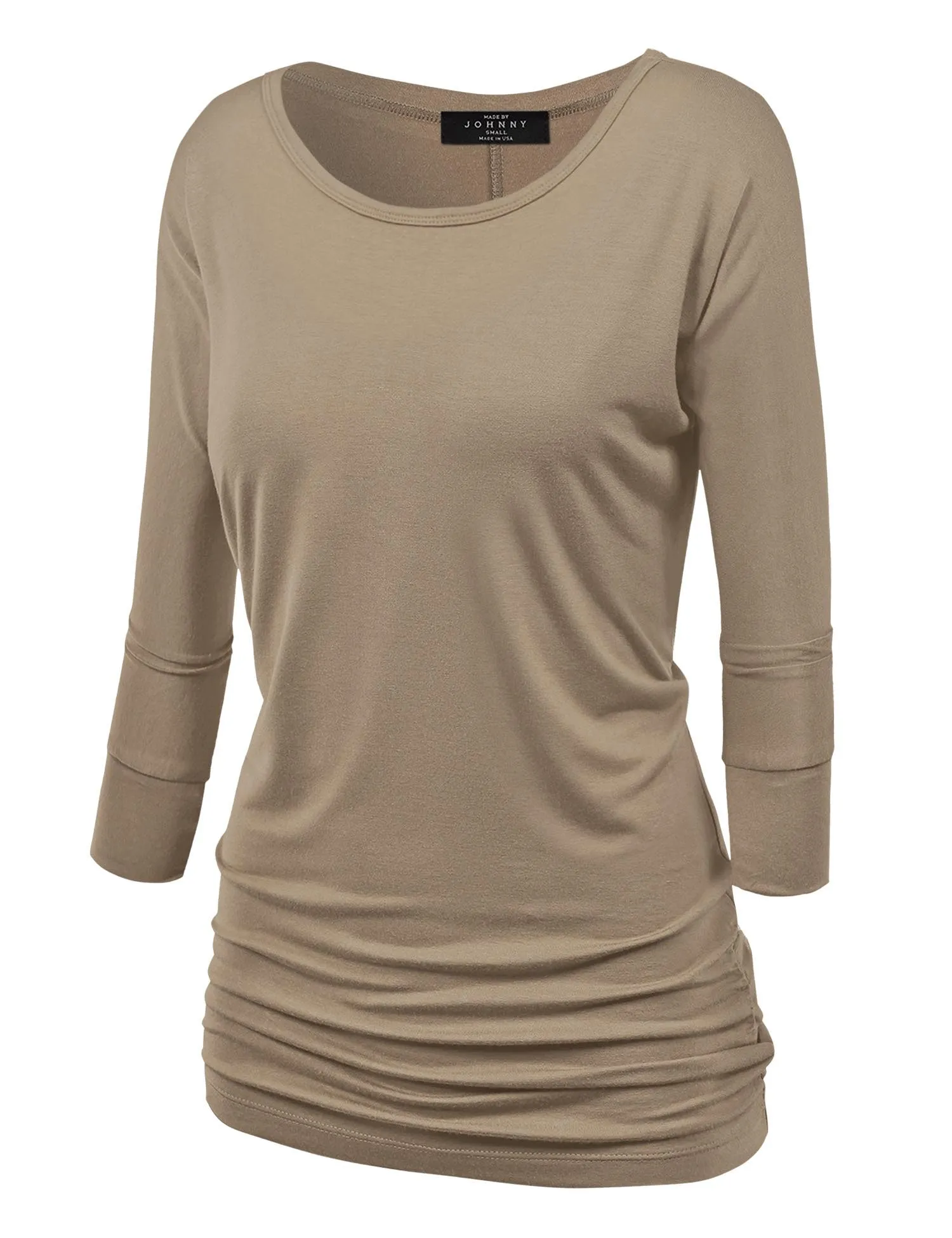 Women's Crew Neck 3/4 Sleeve Drape Dolman Top with Side Shirring