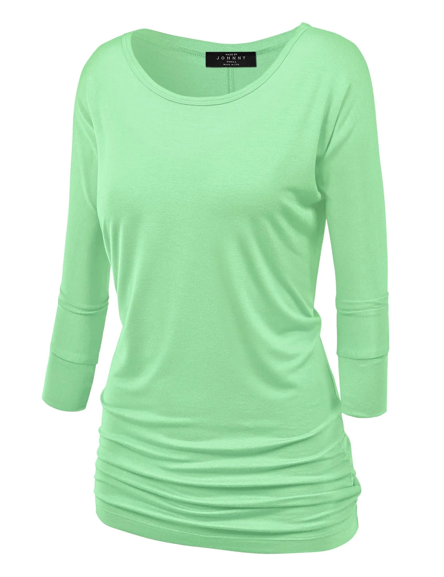 Women's Crew Neck 3/4 Sleeve Drape Dolman Top with Side Shirring