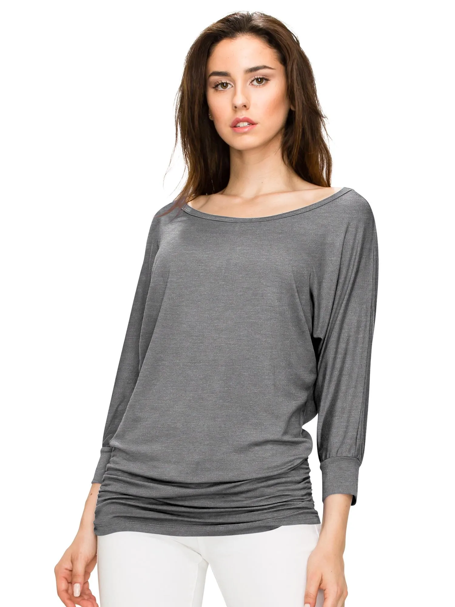 Women's Crew Neck 3/4 Sleeve Drape Dolman Top with Side Shirring