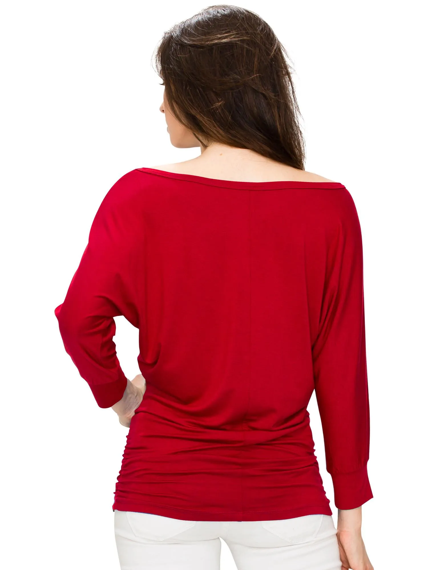 Women's Crew Neck 3/4 Sleeve Drape Dolman Top with Side Shirring