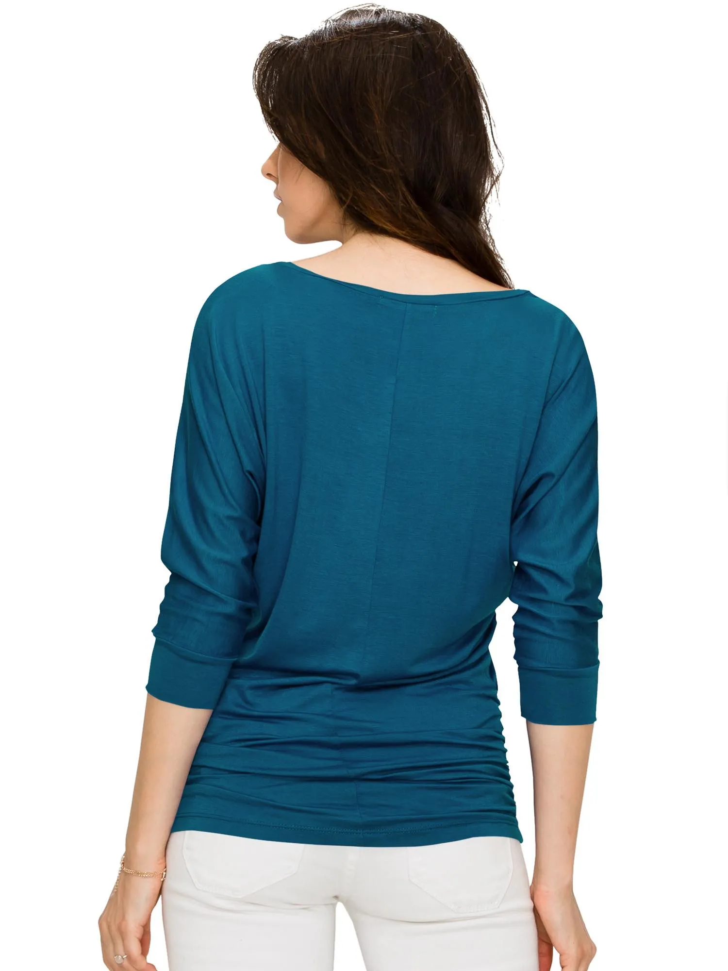 Women's V Neck 3/4 Sleeve Drape Dolman Shirt Top with Side Shirring